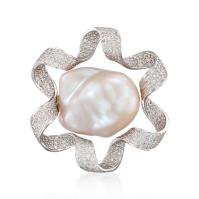 Baroque Pearl and 2.15 ct. t.w. Diamond Ribbon Pin in 18t White Gold &mdash; Alt Image 1