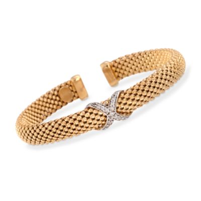 .26 ct. t.w. CZ Italian Beaded X Cuff Bracelet in 14kt Over Sterling. 7" &mdash; Alt Image 1