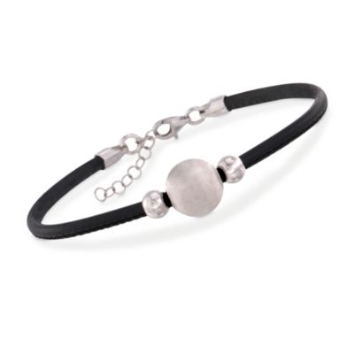 Italian Black Leather Bracelet With Sterling Bead Center. 7.25" &mdash; Alt Image 1