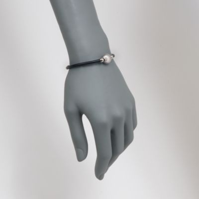 Italian Black Leather Bracelet With Sterling Bead Center. 7.25" &mdash; Alt Image 2