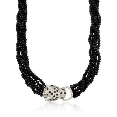 Black Spinel Multi-Strand Panther Necklace With 2.90 ct. t.w. Black and White Sapphires and .25 ct. t.w. Emeralds in Sterling Silver. 17" &mdash; Alt Image 1