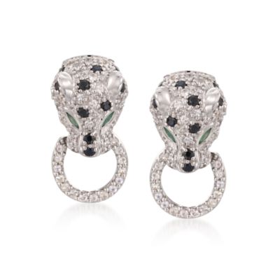 2.25 ct. t.w. Black and White Sapphire Panther Earrings With .25 ct. t.w. Emeralds in Sterling Silver &mdash; Alt Image 1