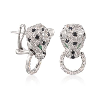 2.25 ct. t.w. Black and White Sapphire Panther Earrings With .25 ct. t.w. Emeralds in Sterling Silver &mdash; Alt Image 3