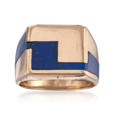 C. 1980 Vintage Lapis Inlay Signet Ring in 14kt Yellow Gold. Size 7 &mdash; Alt Image 1