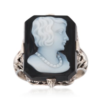 C. 1960 Vintage Carved Agate Cameo Ring in 18kt White Gold. Size 4.5 &mdash; Alt Image 1