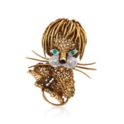 C. 1970 Vintage .25 ct. t.w. Diamond Lion Pin With Emeralds and Black Onyx in 18kt Yellow Gold &mdash; Alt Image 1