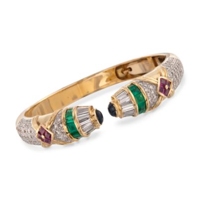 C. 1980 Vintage 6.00 ct. t.w. Multi-Gem and 6.90 ct. t.w. Diamond Cuff Bangle Bracelet in 18kt Yellow Gold. 7" &mdash; Alt Image 1
