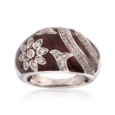 C. 2000 Vintage Brown Enamel and .50 ct. t.w. Diamond Floral Ring in 14kt White Gold. Size 6 &mdash; Alt Image 1