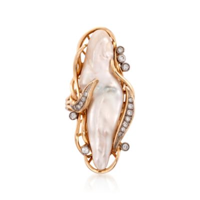 C. 1970 Vintage Baroque Pearl and .30 ct. t.w. Diamond Ring in 14kt Yellow Gold. Size 9.5 &mdash; Alt Image 1