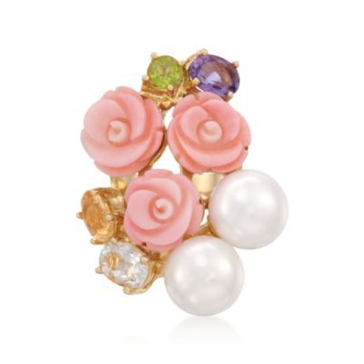 Floral Cultured Pearl, Mixed Gem and Carved Coral Ring in 14kt Gold Over Sterling &mdash; Alt Image 1