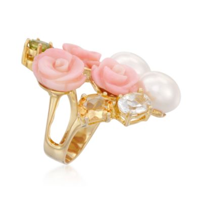 Floral Cultured Pearl, Mixed Gem and Carved Coral Ring in 14kt Gold Over Sterling &mdash; Alt Image 3