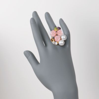Floral Cultured Pearl, Mixed Gem and Carved Coral Ring in 14kt Gold Over Sterling &mdash; Alt Image 2