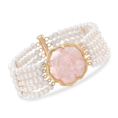 Cultured Pearl and Rose Quartz Flower Bracelet in 14kt Over Sterling &mdash; Alt Image 1