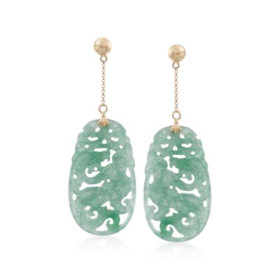 Green Jade Carved Dragon Drop Earrings in 14kt Yellow Gold &mdash; Alt Image 1