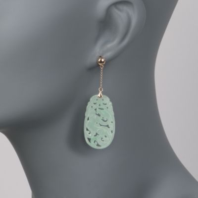 Green Jade Carved Dragon Drop Earrings in 14kt Yellow Gold &mdash; Alt Image 2