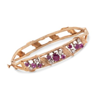 C. 1970 Vintage 2.20 ct. t.w. Ruby and .45 ct. t.w. Diamond Bangle Bracelet in 14kt Yellow Gold. 6.25" &mdash; Alt Image 1