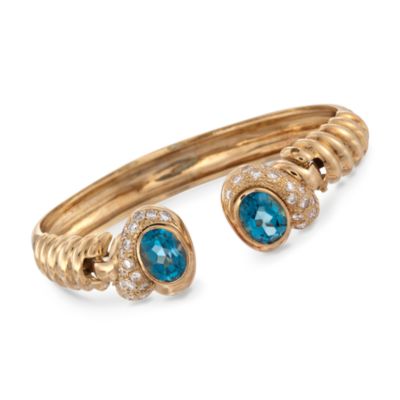 C. 1980 Vintage 7.00 ct. t.w. Blue Topaz and 1.50 ct. t.w. Diamond Cuff Bangle Bracelet in 14kt Yellow Gold. 7" &mdash; Alt Image 1