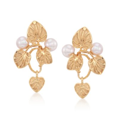 Italian 6mm Cultured Pearl Vine Drop Earrings in 18kt Gold Over Sterling &mdash; Alt Image 1