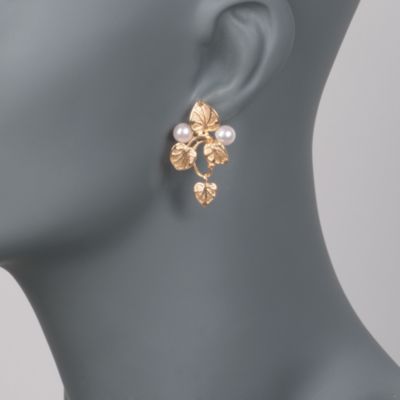 Italian 6mm Cultured Pearl Vine Drop Earrings in 18kt Gold Over Sterling &mdash; Alt Image 2