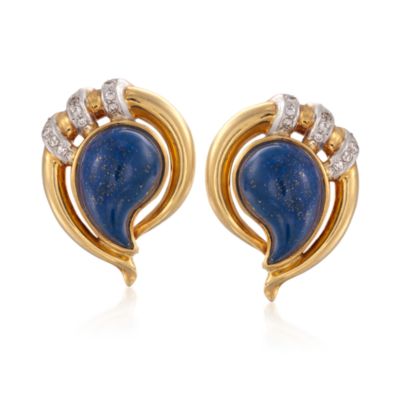 C. 1980 Vintage Lapis and .36 ct. t.w. Diamond Earrings in 18kt Yellow Gold &mdash; Alt Image 1