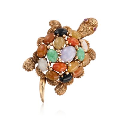 C. 1960 Vintage Multicolored Jade Turtle Pin in 14kt Yellow Gold &mdash; Alt Image 1