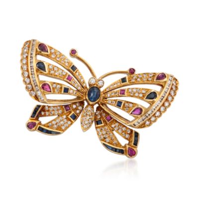 C. 1960 Vintage 3.43 ct. t.w. Multi-Gem and 2.00 ct. t.w. Diamond Butterfly Pin in 18kt Yellow Gold &mdash; Alt Image 1