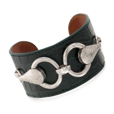 Italian Green Leather Cuff Bracelet With Sterling Silver Links. 7" &mdash; Alt Image 1