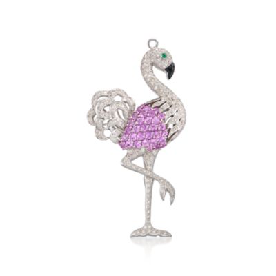 C. 2000 Vintage 1.10 ct. t.w. Diamond Flamingo Pin Pendant With Multi-Gems in 18kt White Gold &mdash; Alt Image 1