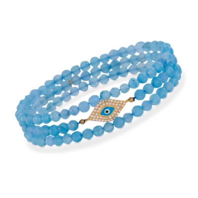 Set of Three Blue Agate Stretch Bracelets With .25 ct. t.w. CZs in 18kt Over Sterling &mdash; Alt Image 1