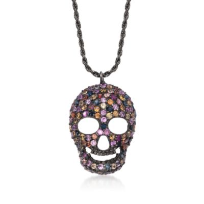 3.70 ct. t.w. Multicolored Pave Sapphire Skull Mask Necklace in Sterling Silver. 18" &mdash; Alt Image 1