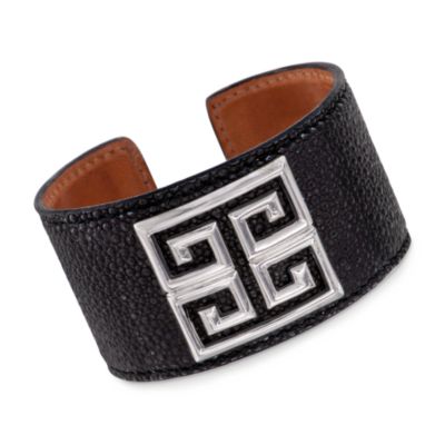Italian Black Leather Cuff Bracelet With Sterling Greek Key Design. 7" &mdash; Alt Image 1