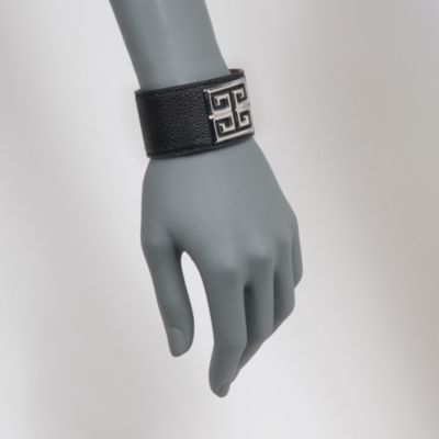 Italian Black Leather Cuff Bracelet With Sterling Greek Key Design. 7" &mdash; Alt Image 2
