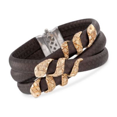 Italian Brown Leather Wrap Bracelet With Textured Snakes in Two-Tone. 7.5" &mdash; Alt Image 1
