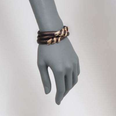 Italian Brown Leather Wrap Bracelet With Textured Snakes in Two-Tone. 7.5" &mdash; Alt Image 2