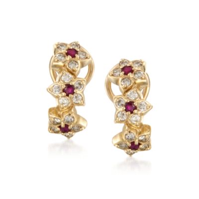 C. 1990 Vintage .30 ct. t.w. Ruby and .65 ct. t.w. Diamond Half Hoop Earrings in 14kt Yellow Gold &mdash; Alt Image 1