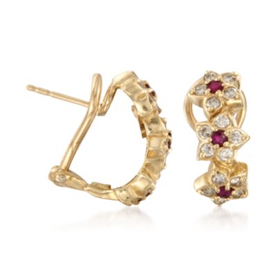 C. 1990 Vintage .30 ct. t.w. Ruby and .65 ct. t.w. Diamond Half Hoop Earrings in 14kt Yellow Gold &mdash; Alt Image 3