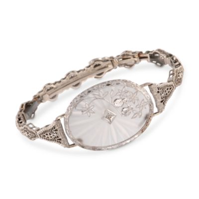 C. 1950 Vintage Carved Crystal Bracelet With Diamonds in 14kt White Gold. 6.5" &mdash; Alt Image 1