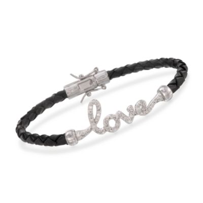 Black Leather and .25 ct. t.w. Diamond "Love" Stacking Bracelet in Sterling Silver &mdash; Alt Image 1