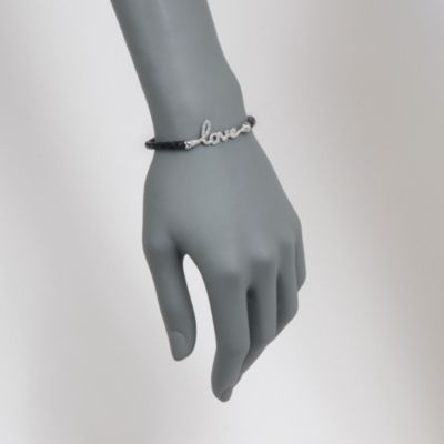 Black Leather and .25 ct. t.w. Diamond "Love" Stacking Bracelet in Sterling Silver &mdash; Alt Image 2