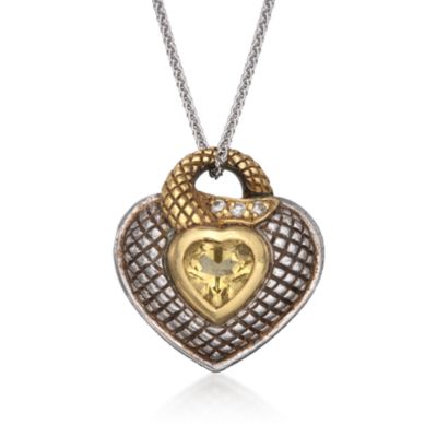 C. 1990 Vintage Judith Ripka 1.00 Carat Lemon Quartz Heart Pendant Necklace With Diamonds in Two-Tone. 18" &mdash; Alt Image 1