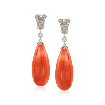 C. 1980 Vintage Coral Teardrop and 1.50 ct. t.w. Diamond  Earrings in 14kt White Gold &mdash; Alt Image 1
