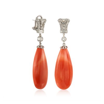 C. 1980 Vintage Coral Teardrop and 1.50 ct. t.w. Diamond  Earrings in 14kt White Gold &mdash; Alt Image 3