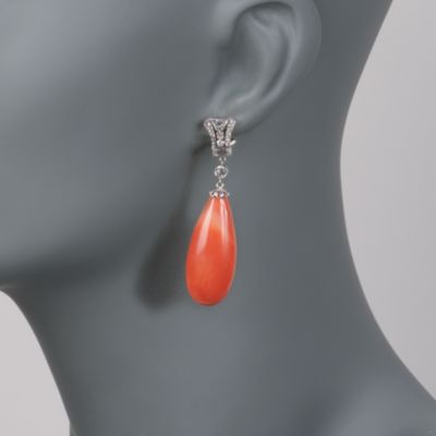C. 1980 Vintage Coral Teardrop and 1.50 ct. t.w. Diamond  Earrings in 14kt White Gold &mdash; Alt Image 2