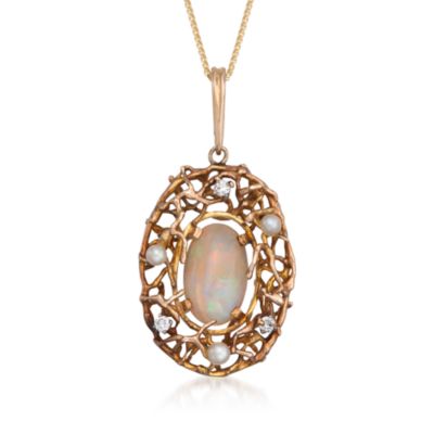 C. 1970 Vintage Opal and Cultured Pearl Pendant Necklace With Diamonds in 14kt Yellow Gold. 18" &mdash; Alt Image 1