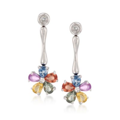 2.00 ct. t.w. Multicolored Sapphire Flower Earrings With Diamonds in 14kt White Gold &mdash; Alt Image 1