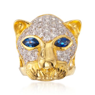 C. 1990 Vintage 1.80 ct. t.w. Sapphire and 1.80 ct. t.w. Diamond Panther Ring in 18kt Yellow Gold. Size 7 &mdash; Alt Image 1