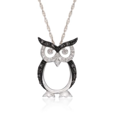 .24 ct. t.w. Black and White Diamond Owl Necklace in Sterling Silver. 18" &mdash; Alt Image 1