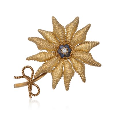 C. 1970 Vintage Tiffany Jewelry Sapphire and Diamond Floral Pin in 18kt Yellow Gold &mdash; Alt Image 1