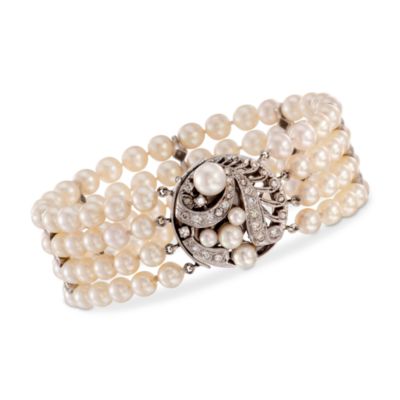 C. 1950 Vintage 5.5-6mm Multi-Strand Cultured Pearl Bracelet With Diamonds in 14kt White Gold. 7.5" &mdash; Alt Image 1