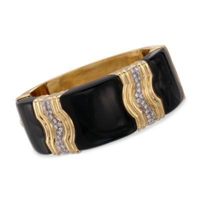 C. 1980 Vintage Black Onyx and 1.50 ct. t.w. Diamond Bangle Bracelet  in 18kt Yellow Gold. 6.5" &mdash; Alt Image 1